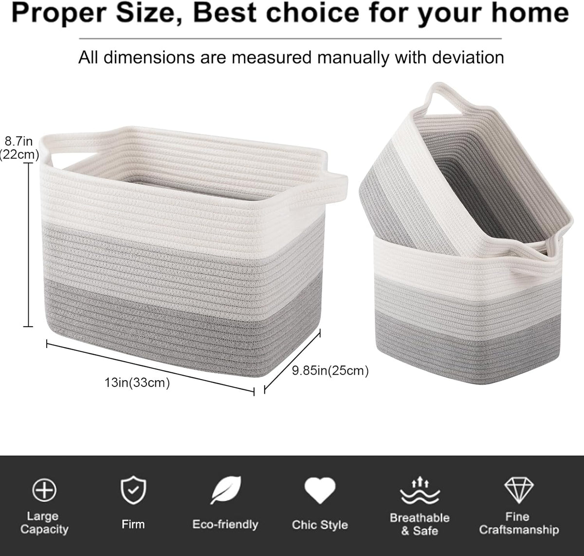 OIAHOMY Storage Basket, Woven Baskets for Storage, Cotton Rope Basket for toys,Towel Baskets for Bathroom - Pack of 3, Gradient Gray