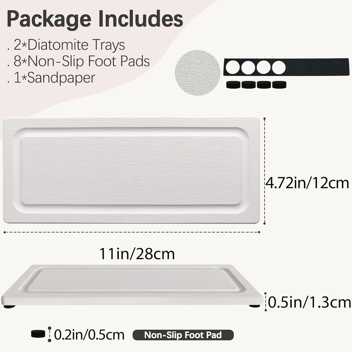 2 PCS Fast-Drying Stone Trays for Bathroom Sink & Kitchen Counter, Water Absorbing Diatomite Sink Coasters, Vanity Tray, Hand Soap Holder with Anti-Skid Pads (11" x 4.7" White)