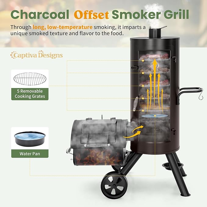 Captiva Designs Charcoal Vertical Smoker Grill and Offset Smoker Grill Combo, Extra Large Outdoor Barrel BBQ Meat Smoker with 5 Removable Smoking Grates & Built-in Hooks for Various Meat Foods