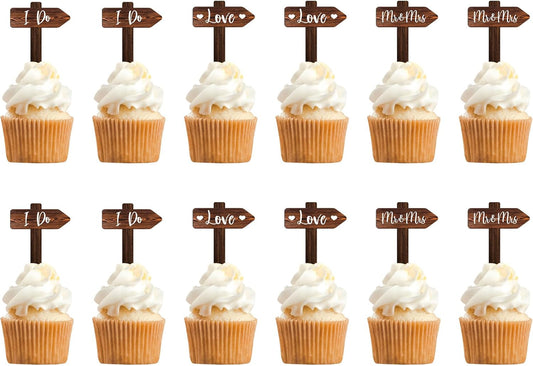 12 PCS Wedding Cupcake Toppers in Wood Rustic Wedding Cake Decoration