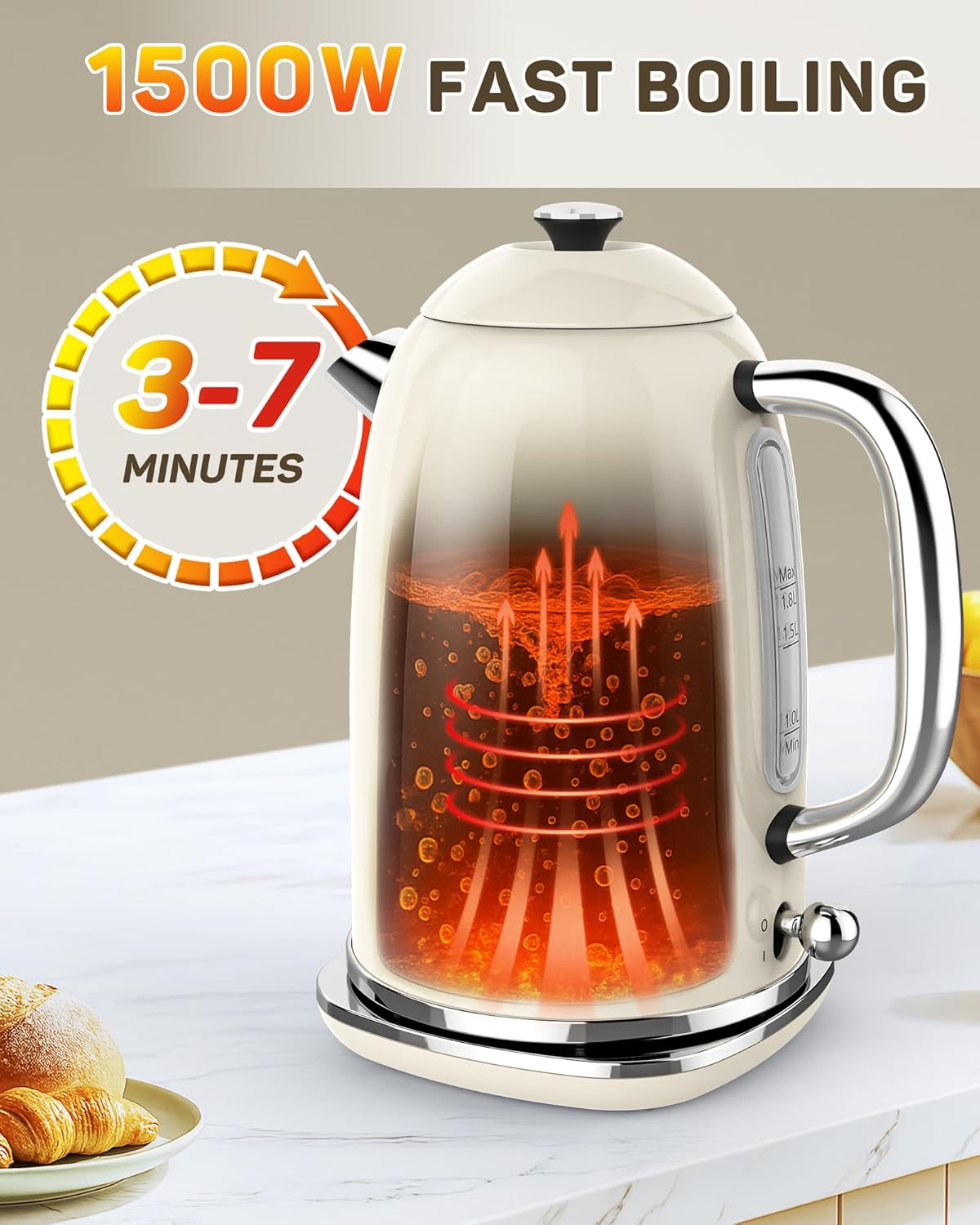 Harriet Electric Kettle, 1.8L Retro Electric Tea Kettle with Thermometer, 1500W Stainless Steel Hot Water Kettle Electric with LED Indicator, Fast Boiling, Cordless, Auto Shut-Off, Beige White