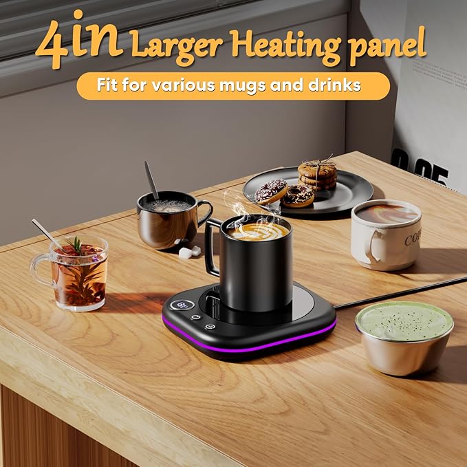 Mug Warmer Upgraded,Coffee Mug Warmer for Desk LEDs Light 3 Temp Settings (113-167°F) 1-12H Timer 4 H Auto Shut Off Beverage Cup Candle Warmer for Coffee Tea Milk(Black)