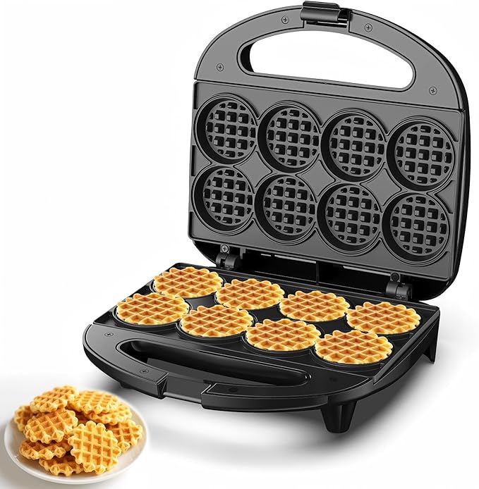 Mini Waffle Maker, Small Waffle Iron with Quick Heat-Up, Makes 8 x 2” Tiny Waffle Bites for Kids, Locking Buckle & Cool Touch Handle, Nonstick Plates, Perfect for Breakfast, Brunch, Desserts & Snacks