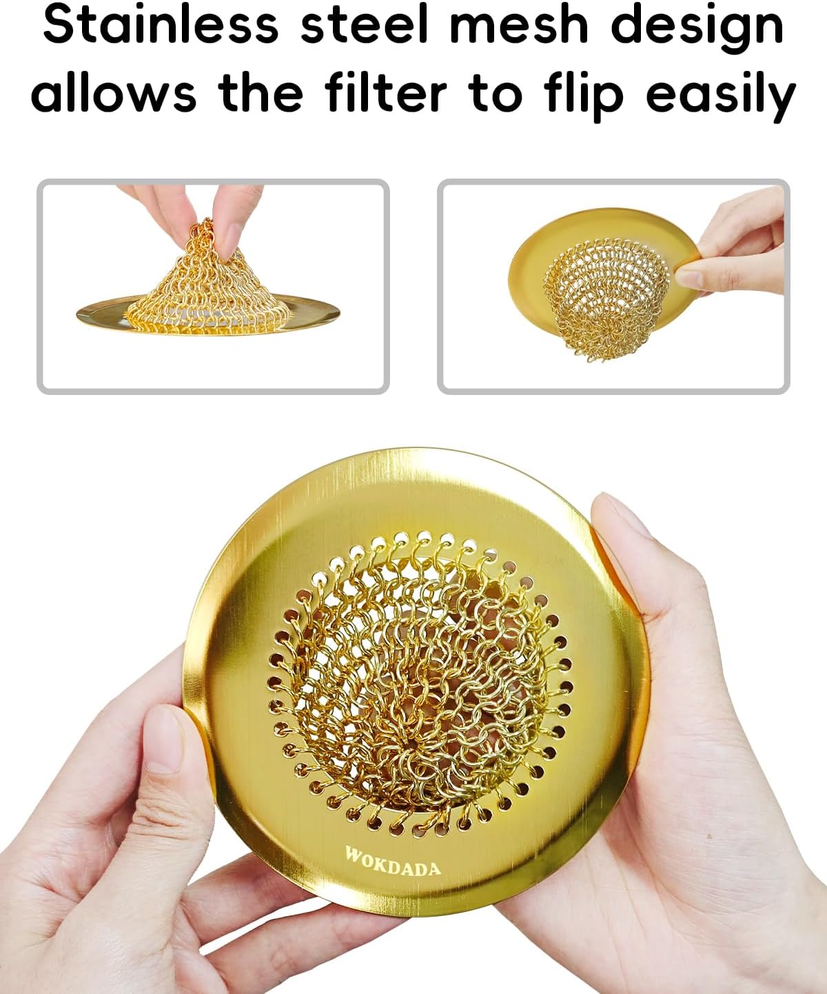 Gold Sink Strainer, Reversible Mesh Sink Strainer with 304 Stainless Steel, Revolutionary Anti-Rust Kitchen Sink Drain Strainer Food Catcher for Garbage Disposal Without Clogging