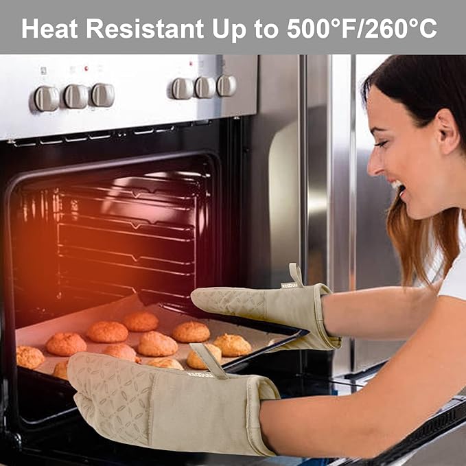 KEGOUU Oven Mitts and Pot Holders 6pcs Set, Kitchen Oven Glove High Heat Resistant 500 Degree Extra Long Oven Mitts and Potholder with Non-Slip Silicone Surface for Cooking (Almond)
