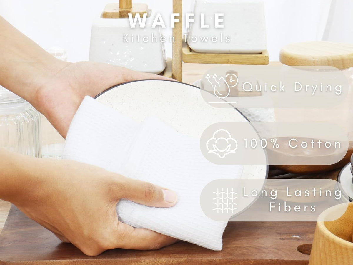 PurpleEssences Waffle Weave Kitchen Towel, 100% Cotton - 15 x 25 Inches, with Hanging Loop Ultra Soft Absorbent Quick Drying Dish Cloth, Tea and Hand Towels, 6 Pack - Spring Summer - White