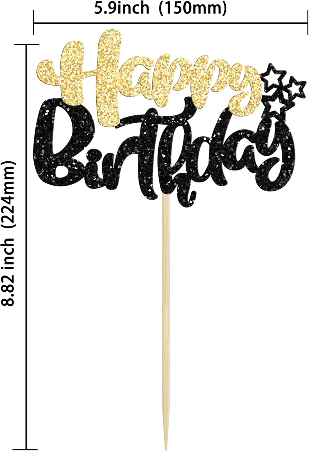 Ephlyn 24Pcs Happy Birthday Cupcake Toppers Double Layer Glitter Happy Birthday Cake Decorations for Celebrating Baby Shower Theme Kids Boys Girls Birthday Party Cake Decorations Supplies Black Gold