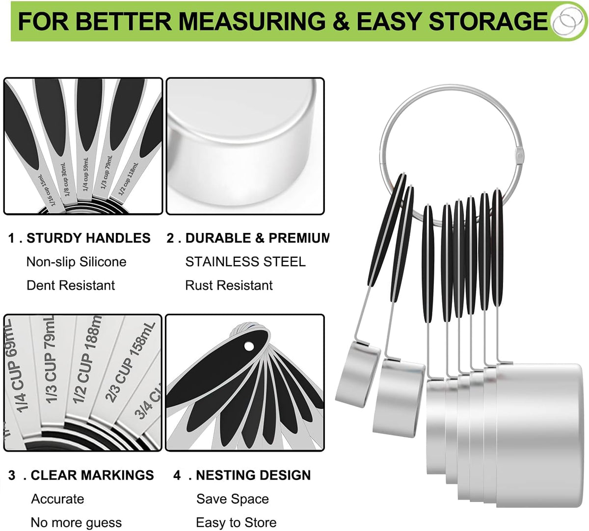 Measuring Cups and Spoons - Wildone Stainless Steel 20 Piece Stackable Set, Includes 8 Black Measuring Cups, 10 Measuring Spoons, 1 Leveler & 1 Whisk, for Dry and Liquid Ingredient