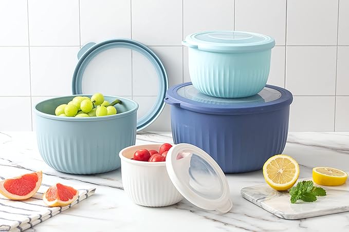 COOK WITH COLOR Prep Bowls with Lids- Wide and Deep Nesting Plastic Small Mixing Bowl Set with Lids, 8 Piece Set - Deep Bowls, Blue