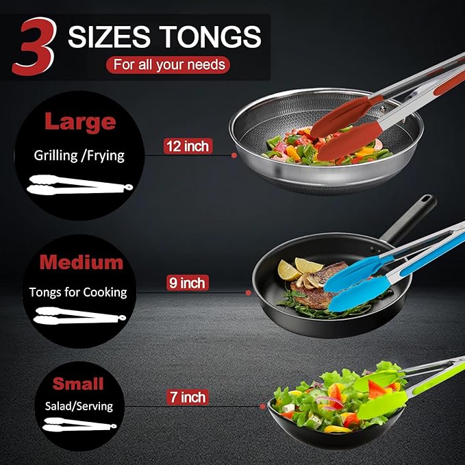 9 Pieces Silicone Tongs for Cooking 7,9,12 inches Kitchen Tongs with Silicone Tip Stainless Steel Heat Resistant Cooking Tongs for Food Grill Salad BBQ Frying and Serving, 3 Color