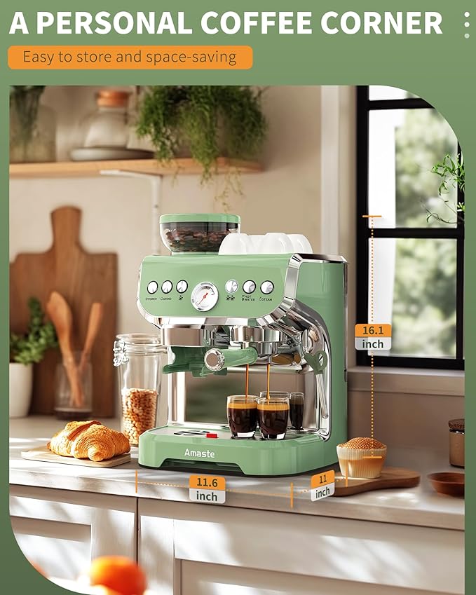 Amaste Espresso Machine with Grinder, 15 Bar Espresso Machine with Steam Wand for Latte and Cappuccino, 68Oz Water Tank, Pre-Infuse Brewing, Espresso Coffee Maker for Home Use, Barista Kit, Green