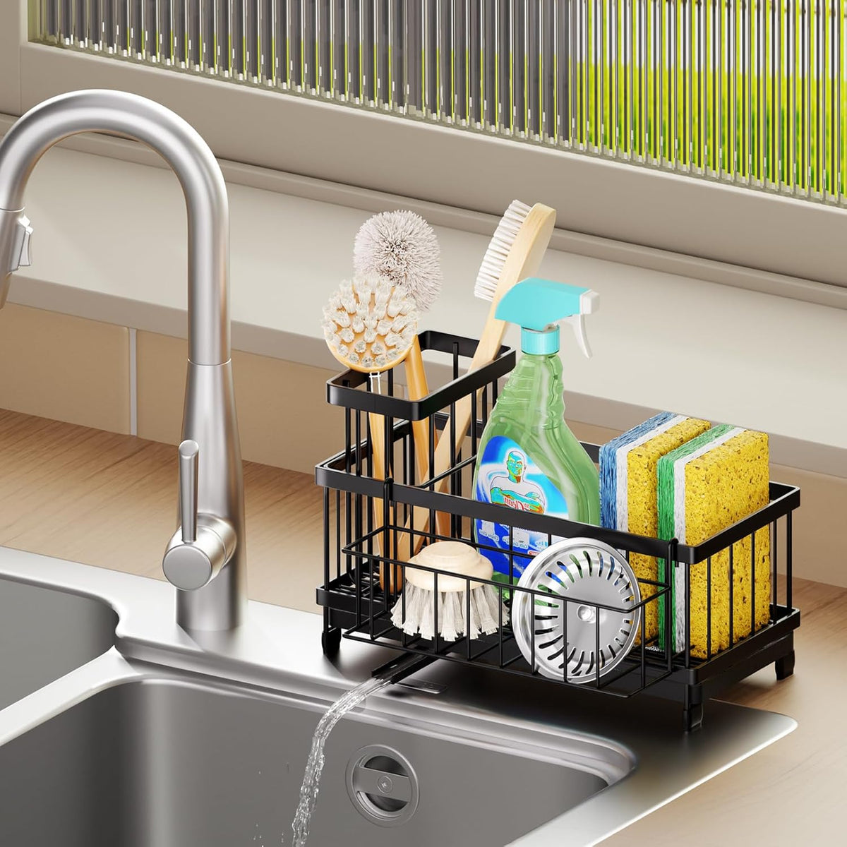 SWTYMIKI Sink Caddy Sponge Holder - Large Sponge Holder for Kitchen Sink with 360°Auto-Drain Tray, Rustproof Stainless Steel Kitchen Organizer Caddy for Countertop Organization