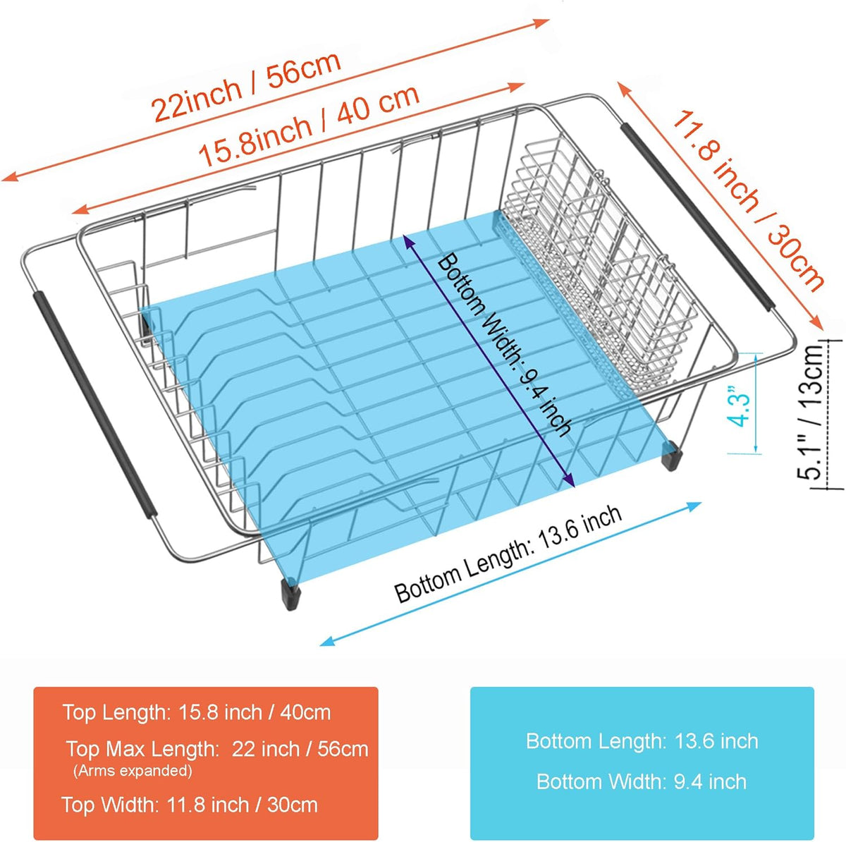 iPEGTOP Expandable Dish Drying Rack in Sink or Over Sink, Rustproof Stainless Steel Dish Drying Rack Basket Shelf, Multifunctional Dish Drainer Inside Sink Organizer with Utensil Cutlery Holder