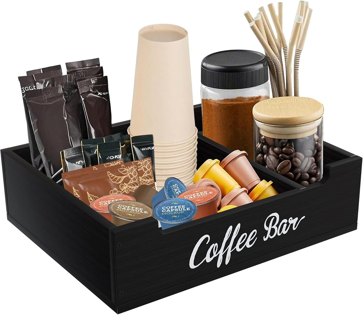 Coffee Pod Bar Station Wooden 14" X 10" X 4" Organizer Box for Countertop, Counter Top Tea Espresso Cup Wood Storage Box, Black