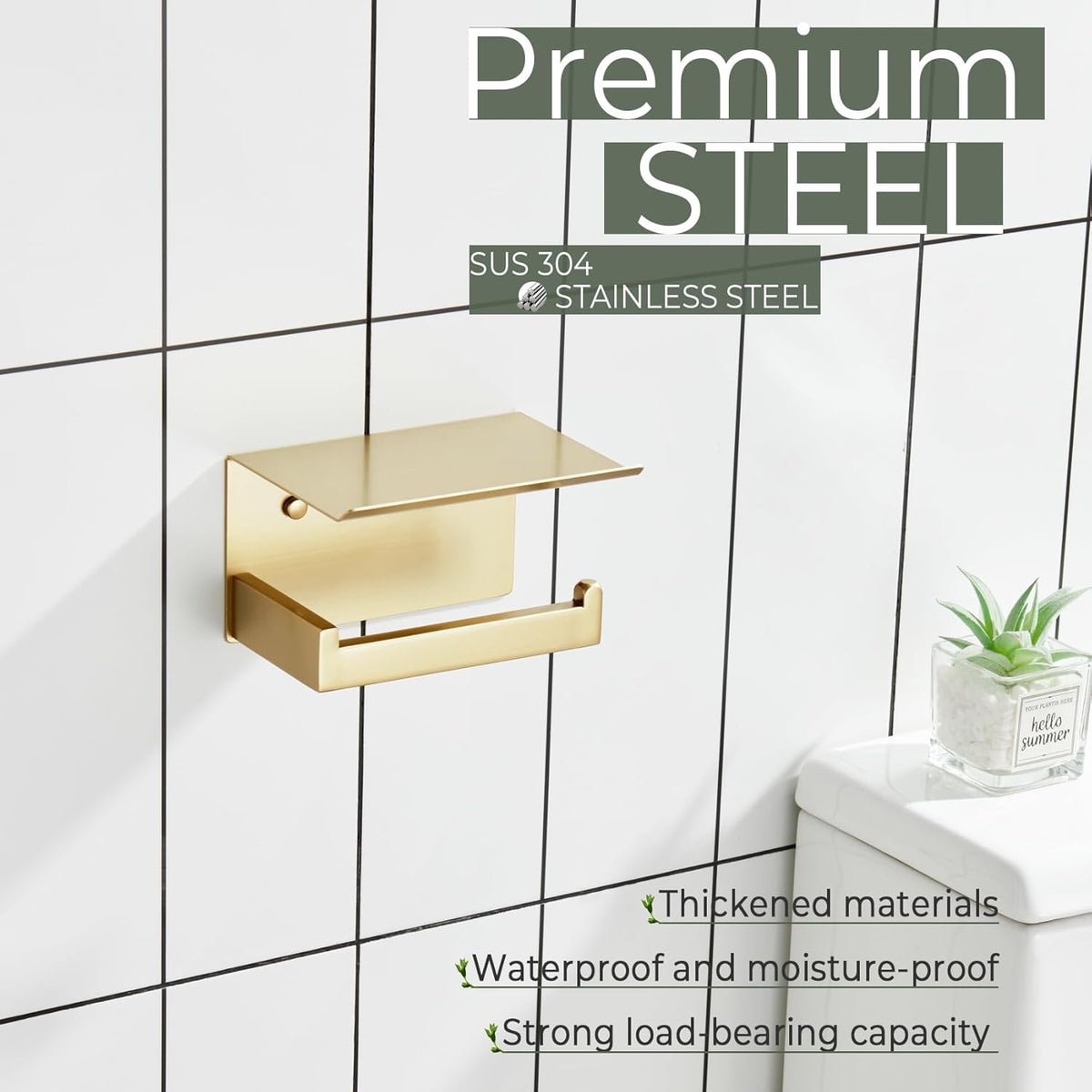 KOKOSIRI Toilet Paper Holder with Shelf Toilet Roll Holder for Bathroom Restroom T-304 Stainless Steel Wall Mounted, Gold Finish, B2010BG