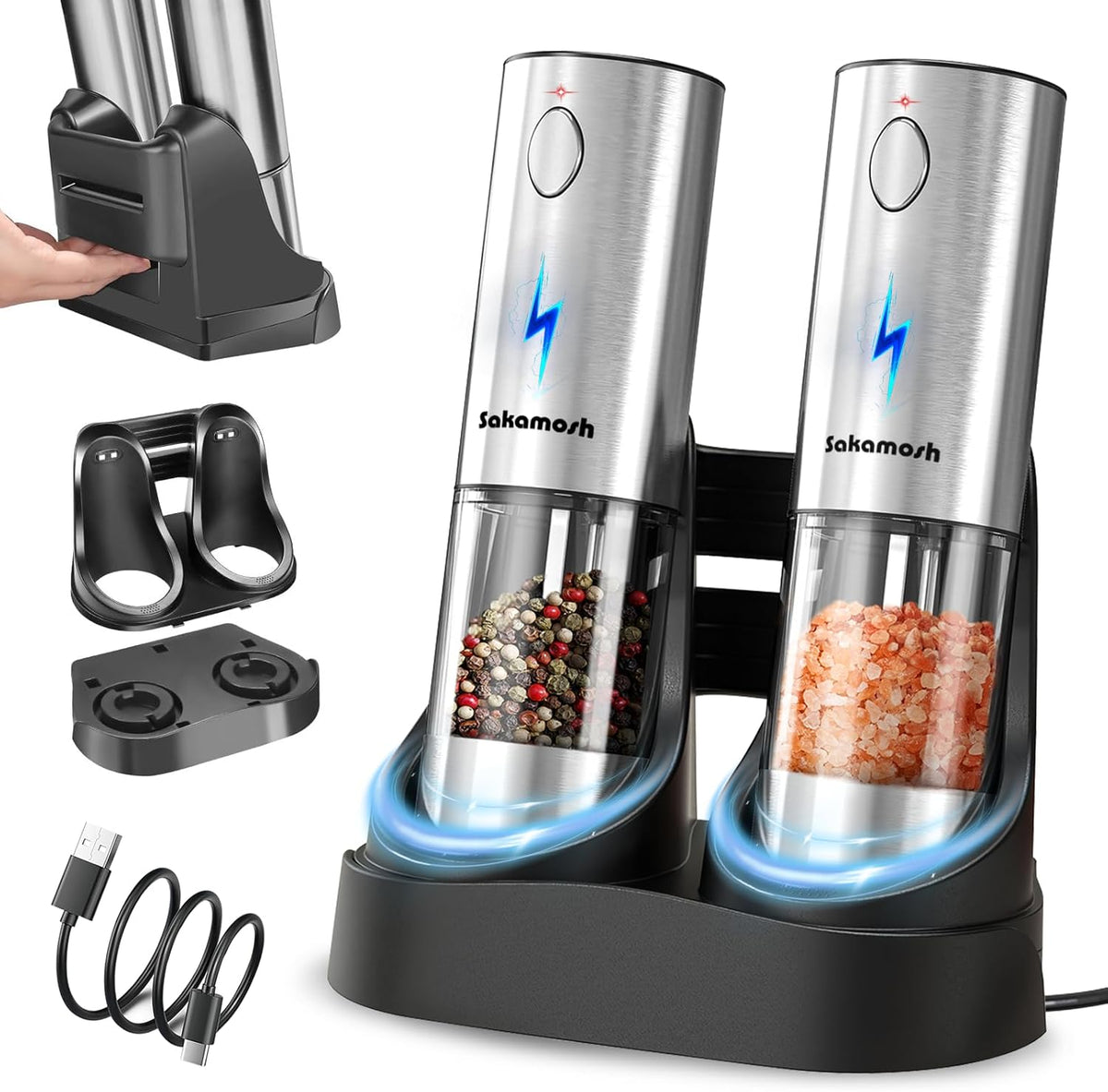 Electric Salt and Pepper Grinder Set USB Rechargeable Base, Stainless Steel Automatic Pepper and Salt Shakers with Adjustable Coarseness, LED Light, Ideal Gifts for Housewarming, Parents, Friends