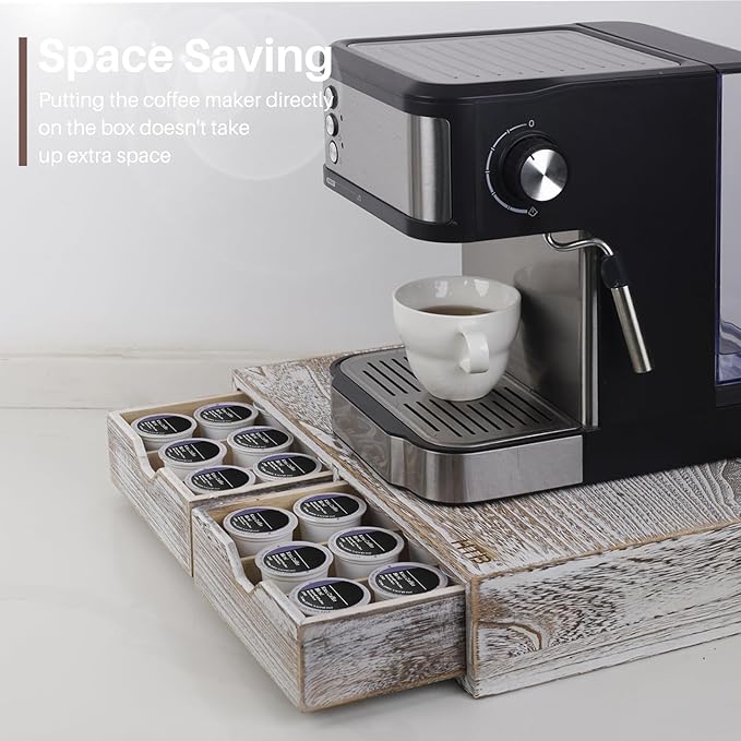 HTB K Cup Holder Compatible with K Cups, Coffee Pod Holder Holds Up 30 Cups, K Cup Organizer Storage Drawer Wood K Cup Drawer Vintage White
