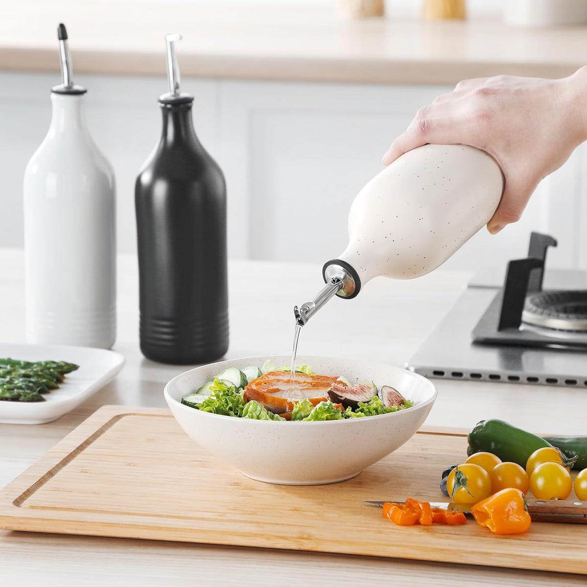 vancasso 20 Oz Ceramic Olive Oil Dispenser Bottle, Bottle Dispenser with Spout and Funnel for Kitchen,Suitable for Oil, Vinegar, Coffee Syrups & Other Liquids，Cream