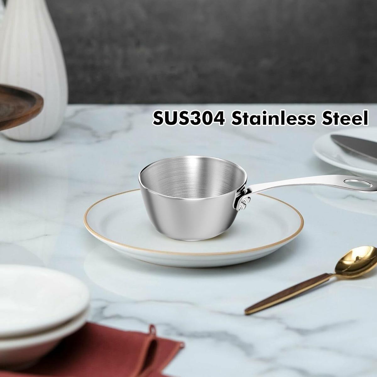 Macevia Mini Sauce Pan,18/10 Stainless Steel Butter Warmer Small Pot Cooking with Handle, Multipurpose Use for Home Kitchen or Restaurant (5oz/150ml) - Silver