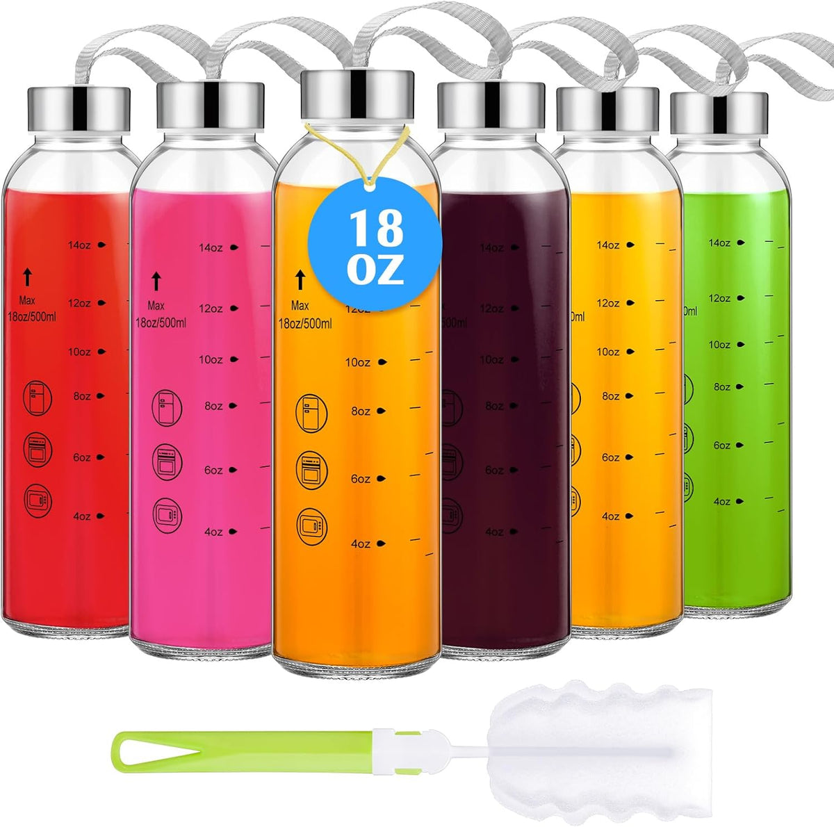 Vesici 6 Pack 18 oz Glass Water Bottles with Lids Clear Reusable Juicing Storage Container with Scale Mark and Stainless Steel Lids and Cleaning Brush for Milk Beverage Refrigerator Travel Leakproof