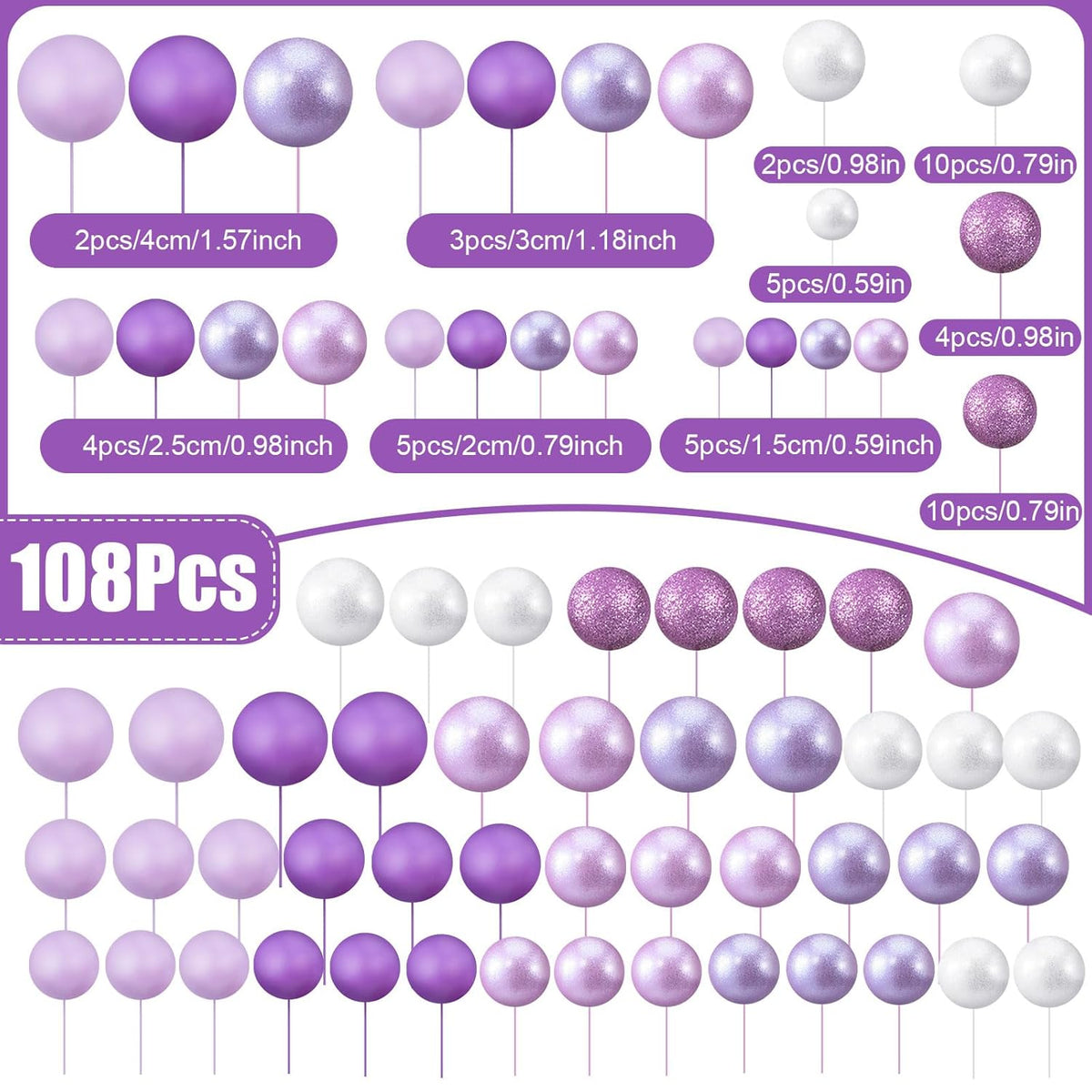 108 Pcs Balls Cake Topper DIY Cupcake Insert Foam Balloons for Cake Baking Wedding Anniversary Birthday Decoration(Assorted Purple,Multi Sizes)