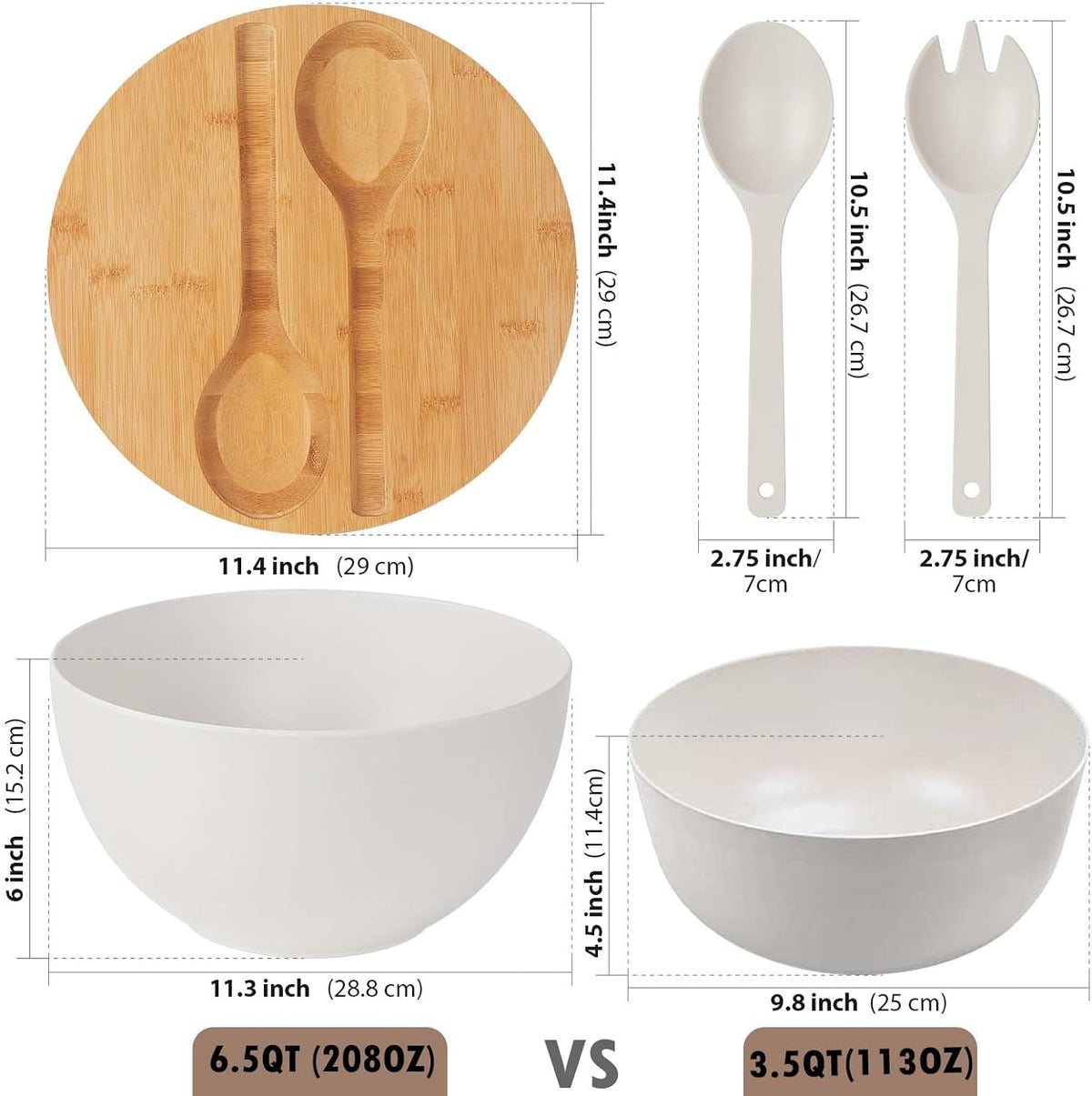 11.3" Extra Large Salad Serving Bowl Set with Wooden Lid&Utensils, 6.5Qt., Bamboo Fiber Salad Bowl with Servers for Kitchen, Lightweight Big Bowl for Mixing Salad,Fruit,Pasta - Matte White