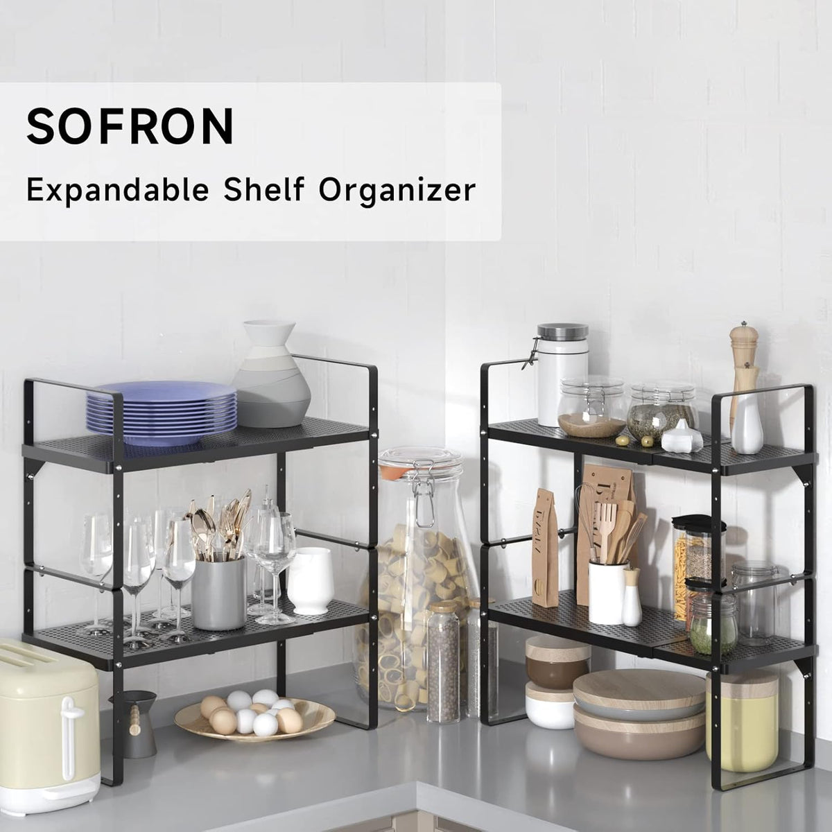 Expandable Cabinet Storage Shelf Stackable Organizer Rack for Kitchen Bathroom Pantry Spice Cupboard Coffee Countertop Home Office Desk Heavy Duty Nonslip Black Large 1 PACK