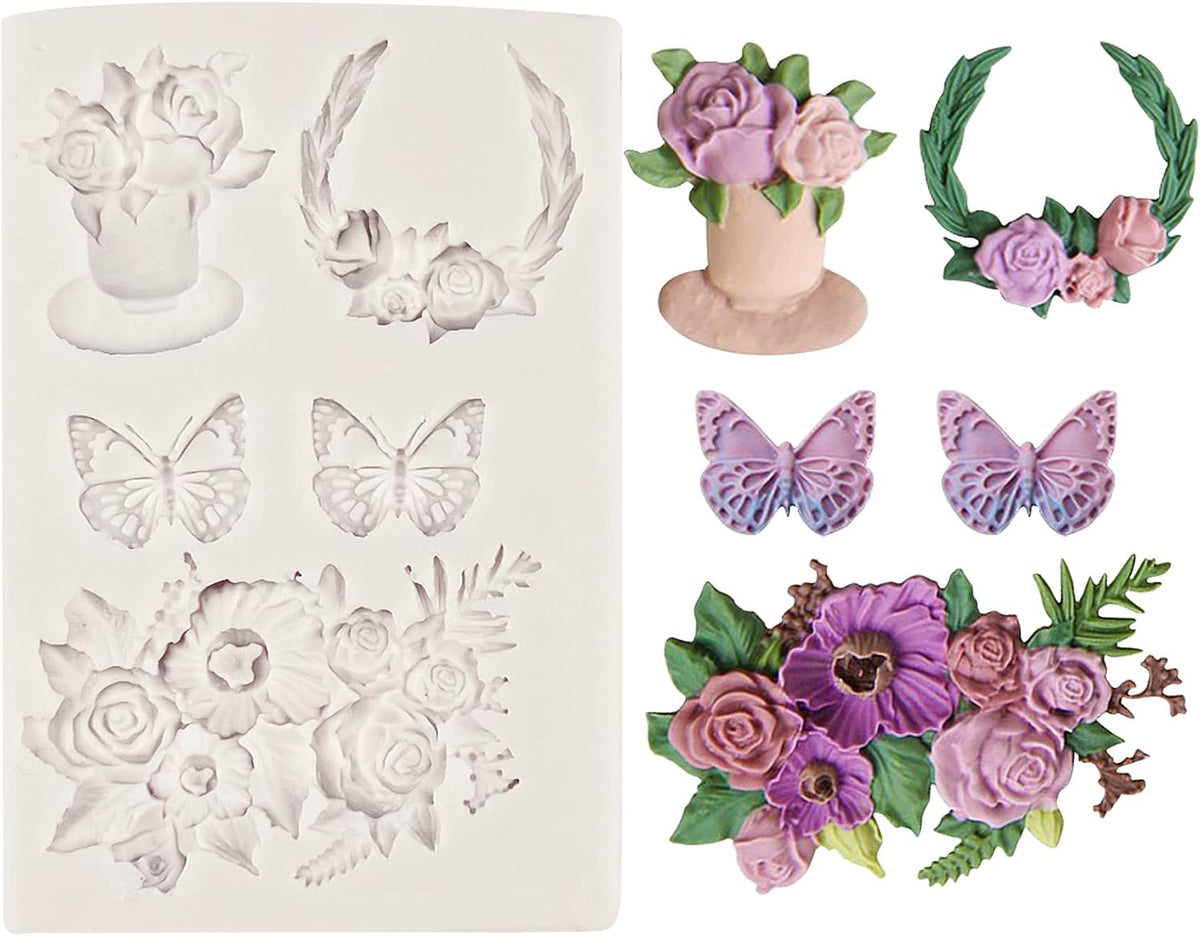 Rose Fondant Molds, Flower Pot Bouquet Butterfly Chocolate Cake Decorating Silicone Molds for Cupcake Topper, Candy, Sugar Craft, Floral Paste, Mousse, Gum Paste, Epoxy Resin, Polymer Clay, Home Decor