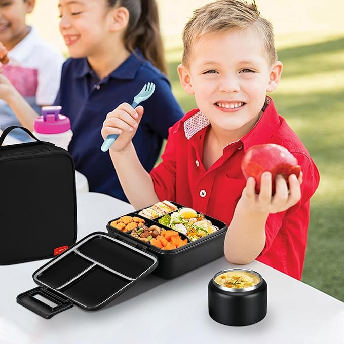 Bento Lunch Box for Kids With 8oz Soup Thermo,Leak-proof Lunch Containers with 5 Compartment,Thermo Food Jar and Lunch Bag, Food Containers for School (A-Black(Circumnavigate Space))