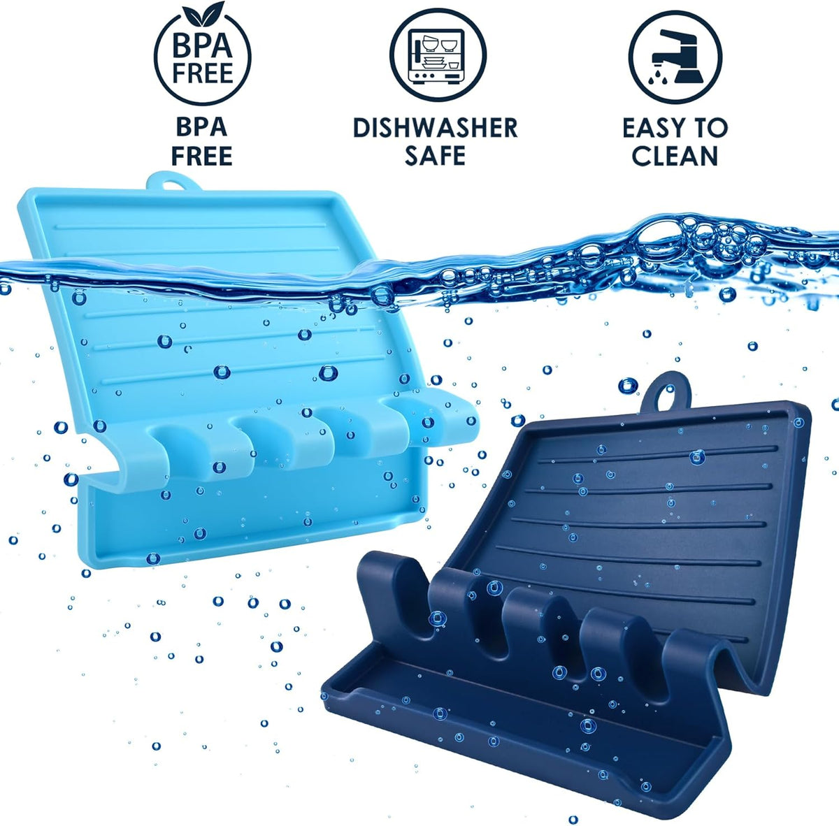 2-PACK 600°F Heat Resistant Silicone Spoon Rest, Multiple Utensil Rest, BPA Free Easy to Clean Dishwasher Safe, Blue (Deep+Light)