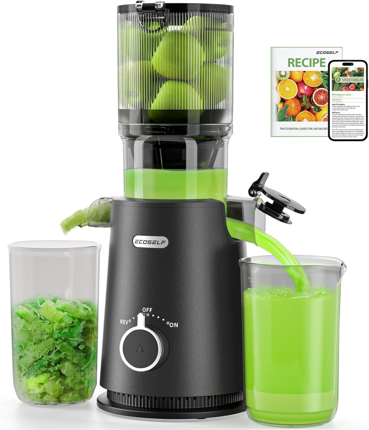 Juicer Machines, ECOSELF Large Feed Chute for Family Needs, Professional Hands Free Cold Press Juicer For Whole Fruits & Vegetables, Self Feeding for Juice Extractor Machine, Easy to Clean