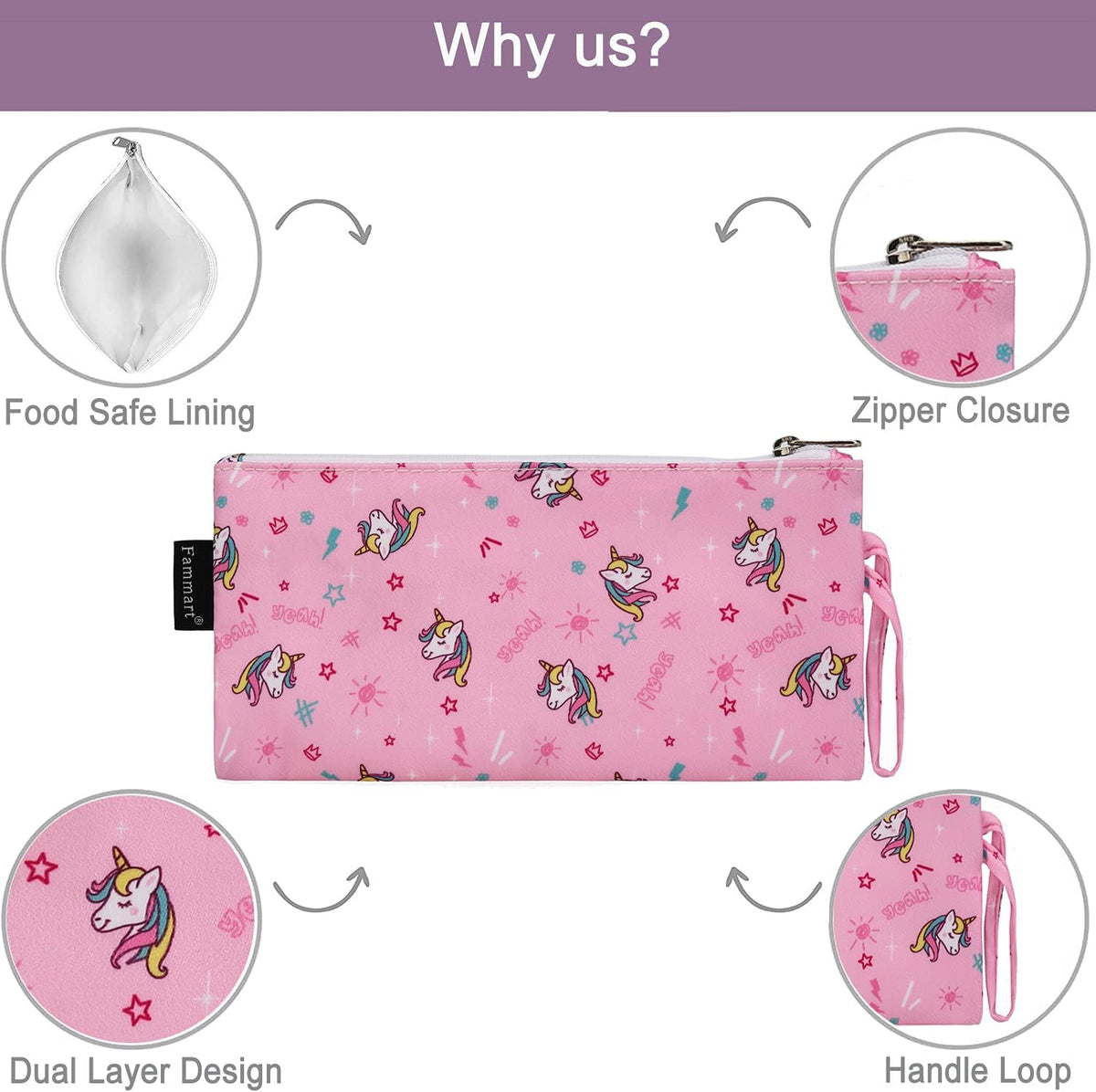 Reusable Sandwich Bag/Snack Bag for Kids & Adults, Dual Layer Lunch Bag with Handle, Washable, Food Safe, BPA Free (2-Pack, Unicorn)