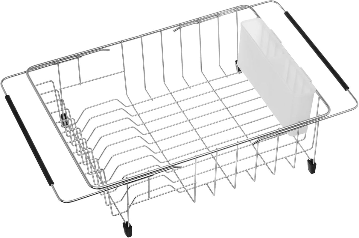 iPEGTOP Expandable Multifunctional Dish Drying Rack, Over The Sink, in Sink Or On Counter Dish Drainer Rack Organizer Shelf with White Utensil Silverware Holder, Rustproof Stainless Steel