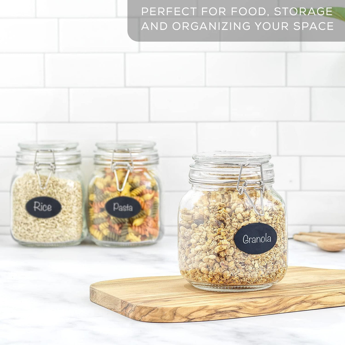 JoyJolt Airtight Glass Jars with Lids Set of 3. 32oz Glass Jar with Lid and 6 Silicone Seals! Med Glass Food Storage Containers. Square Mason Jar, Candy Jar, Sugar Jar, Pasta Containers for Pantry