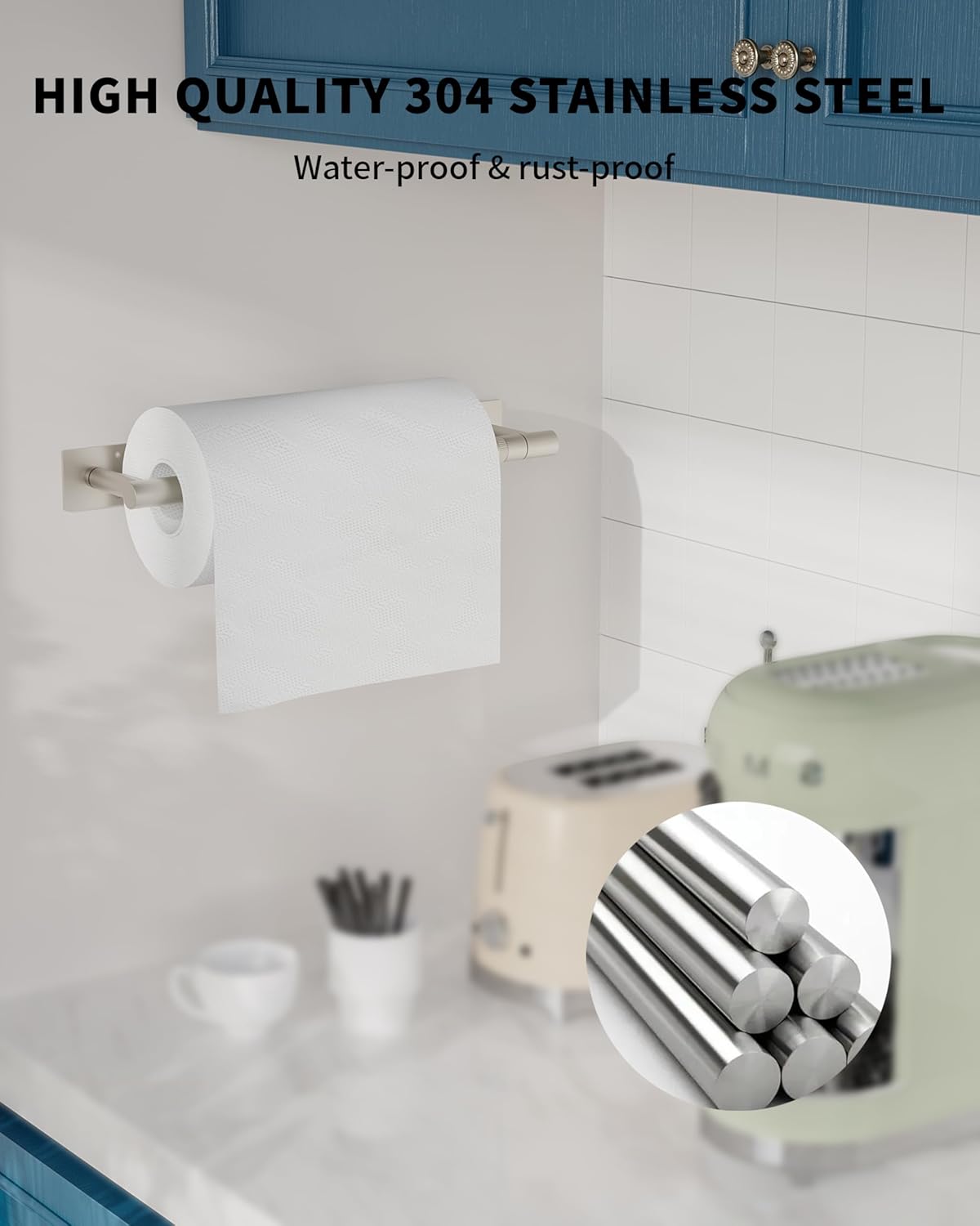 Paper Towel Holder Under Cabinet, Self Adhesive or Wall Mount Hanging Paper Towel Holder with Damping Effect, Single Hand Operable, Stainless Steel for Kitchen Bathroom (Silver)