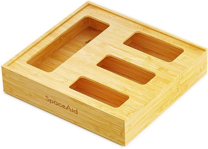 SpaceAid Bag Storage Organizer for Kitchen Drawer, Bamboo Organizer, Compatible with Gallon, Quart, Sandwich and Snack Variety Size Bag (1 Box 4 Slots, Natural, 2" High)