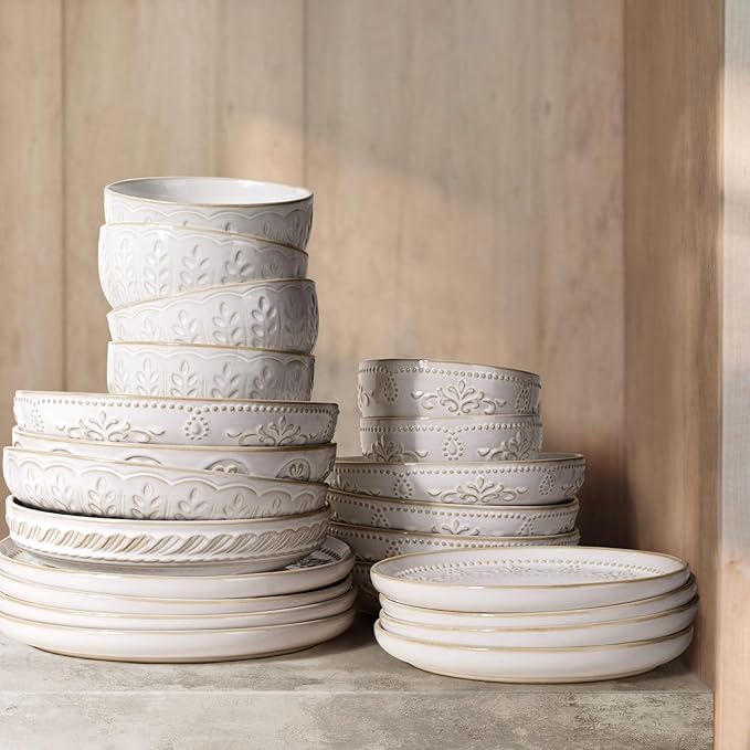 Artena Pasta Bowls, 50oz Large Salad Serving Bowls, 9.75'' Plates Bowls Set of 4, Big White Ceramic Soup Bowls for Kitchen, Embossment Shallow Dinner Bowl, Microwave Dishwasher Safe, Wheat Leaf