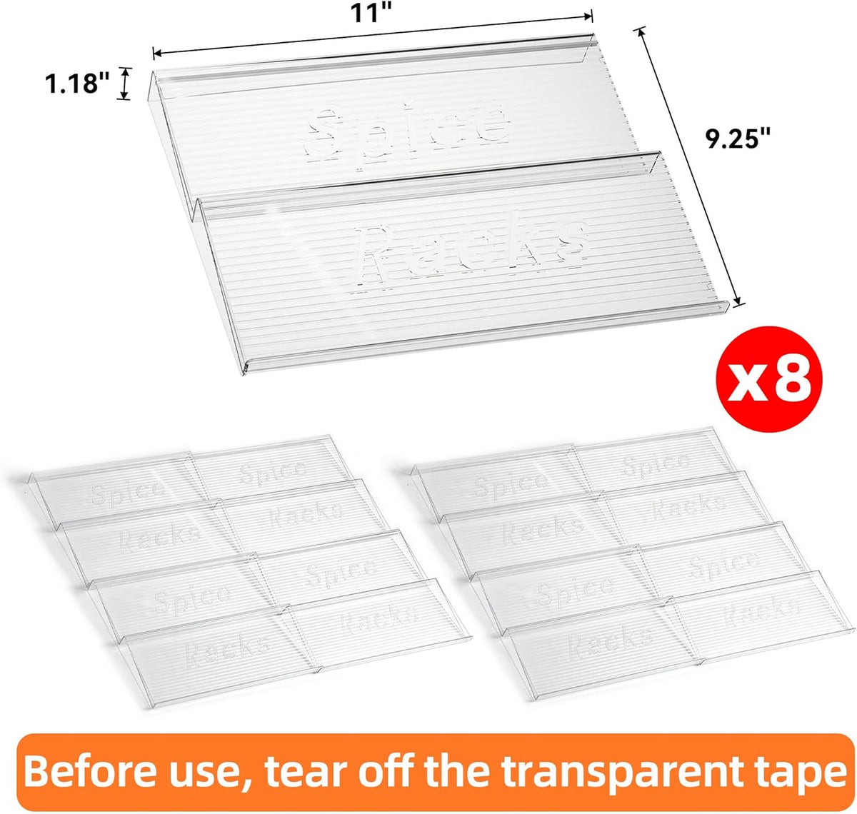 8 Packs Spice Drawer Organizer, 2-Tier Acrylic Drawer Seasoning Organizer, Expandable From 11'' to 22'' Kitchen Spice Rack Organizers and Storage for Drawer (Jars not included), Clear