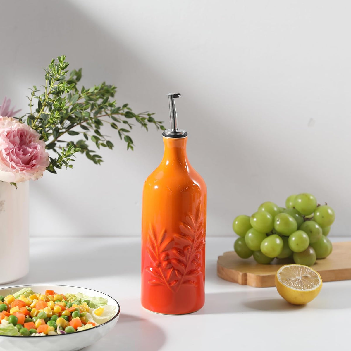 Sweejar Ceramic Olive Oil Dispenser Bottle, 20 Oz Relief Opaque Oil Cruet Protects To Reduce Oxidation, Suitable for Storage Soy Sauce, Coffee Syrup, Liquids, Set of 1 (Gradient Orange)
