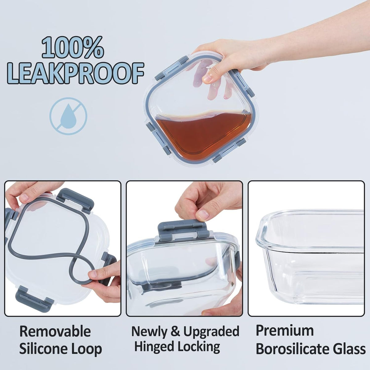 Glass Food Storage Containers with Lids Upgraded Airtight, 4 Pack Glass Storage Containers with Lids, Not Easy Broken & Leak Proof, Glass Containers with Lids for Oven/Dishwasher Safe, Grey