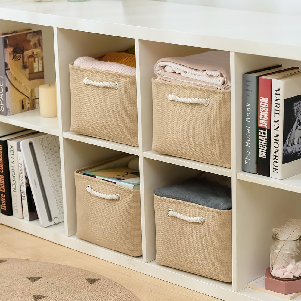 Organization and Storage Basket for Gifts Empty - 16x12x8 inch Large 4 Pack Fabric Storage Cube Collapsible Baskets for Shelves with Handles, Storage Box for Cloth Books Laundry Canvas(Beige)