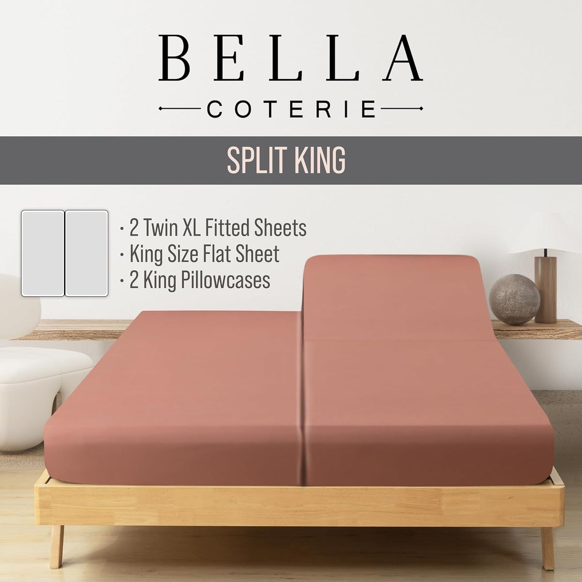 Bella Coterie Luxury Bamboo Viscose Split King Size Sheet Set | 100% Organically Grown | Ultra Soft | Cooling for Hot Sleepers | 18" Deep Pocket [Raisin]
