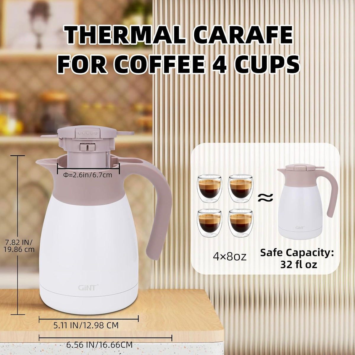 GiNT 1L / 34Oz Thermal Coffee Carafe, Insulated Stainless Steel Coffee Carafes for Keeping Hot/Double Walled Vacuum Thermal Carafe (White)
