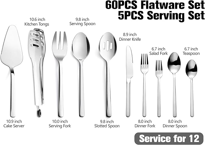 KINGSTONE Silverware Set With Serving Utensils, 65 Piece Flatware for 12, 18/10 Cutlery With 5 Piece Serving Utensil Set - Modern and Original Design, Dishwasher Safe
