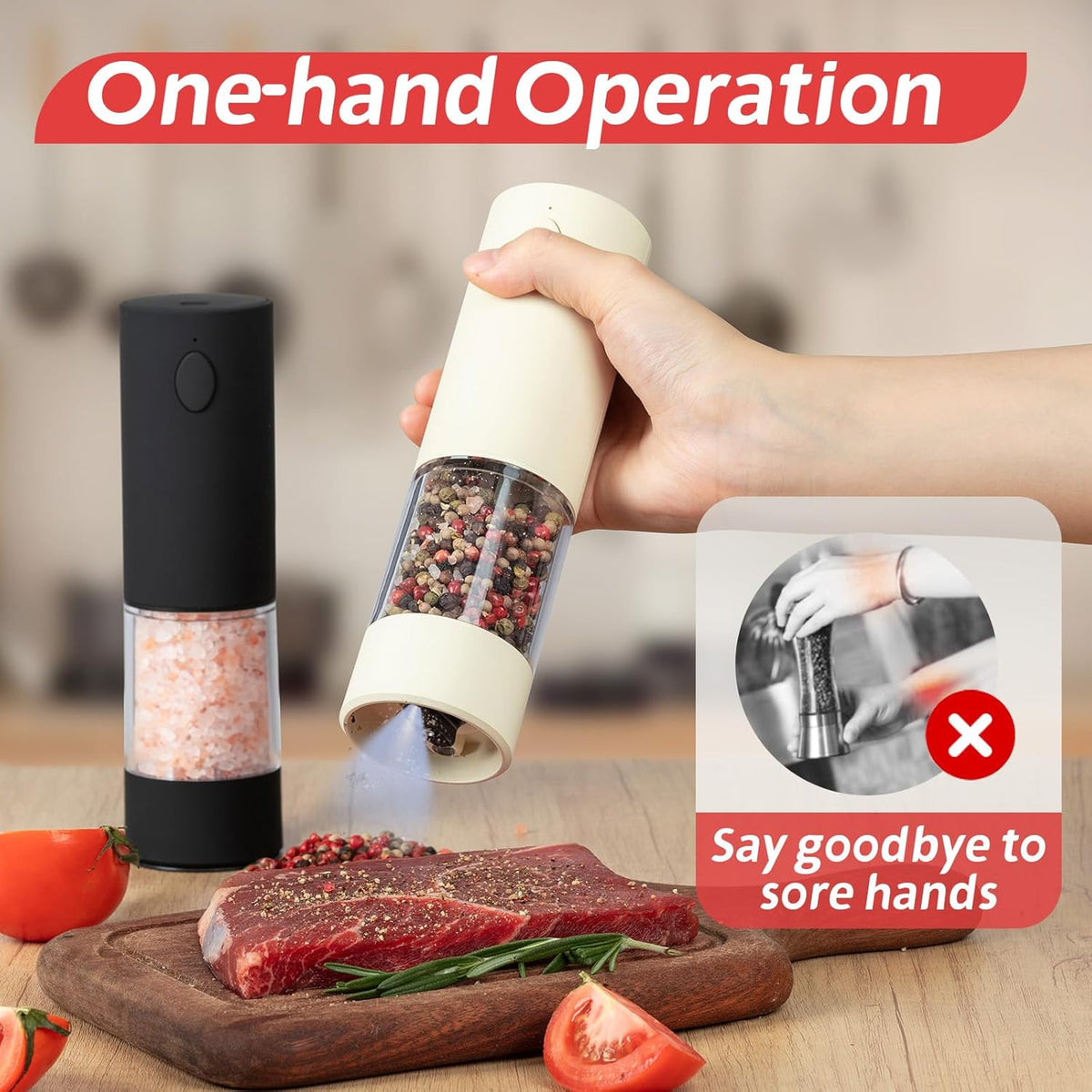 Electric Salt & Pepper Grinder Set (2 Pack) – USB Rechargeable, Adjustable Coarseness, One-Handed Operation with LED Light – Automatic Spice Mill Shaker for Kitchen, Dining, or Camping