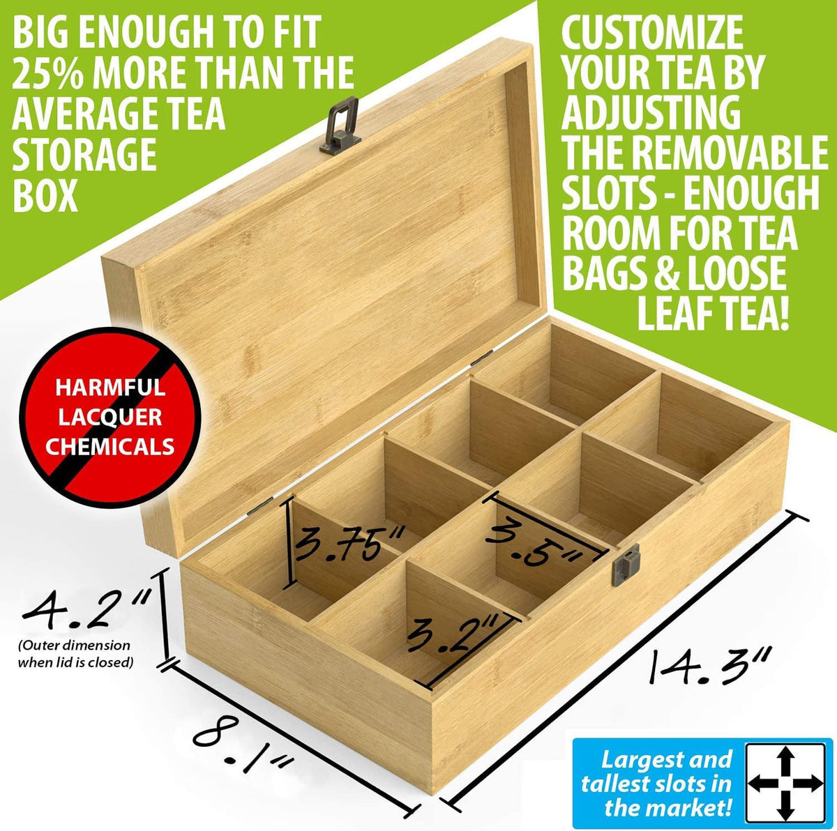 Bamboo Tea Organizer Box Chemical Free Eco-Friendly Big, Tall, Adjustable Cubbies Natural Wooden Storage Chest (8-Slot 14.3" x 8.1" x 4.2" with Tea Leaf design)