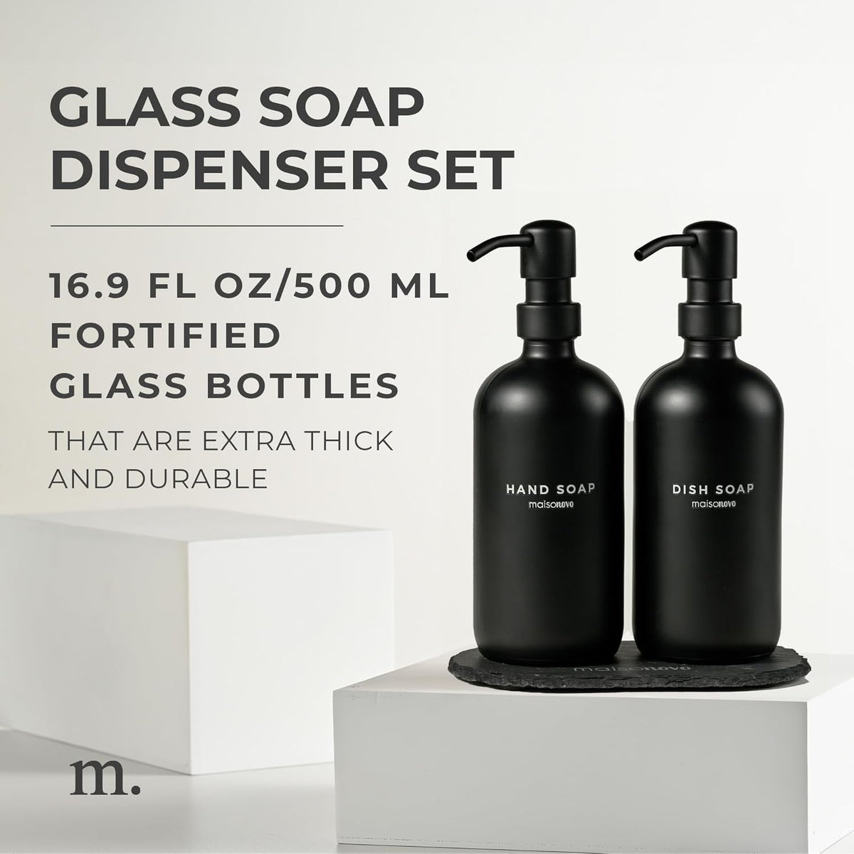 MaisoNovo Soap Dispenser 3-Piece Set | 16.9oz Black Bottles with Black Stainless Steel Pumps