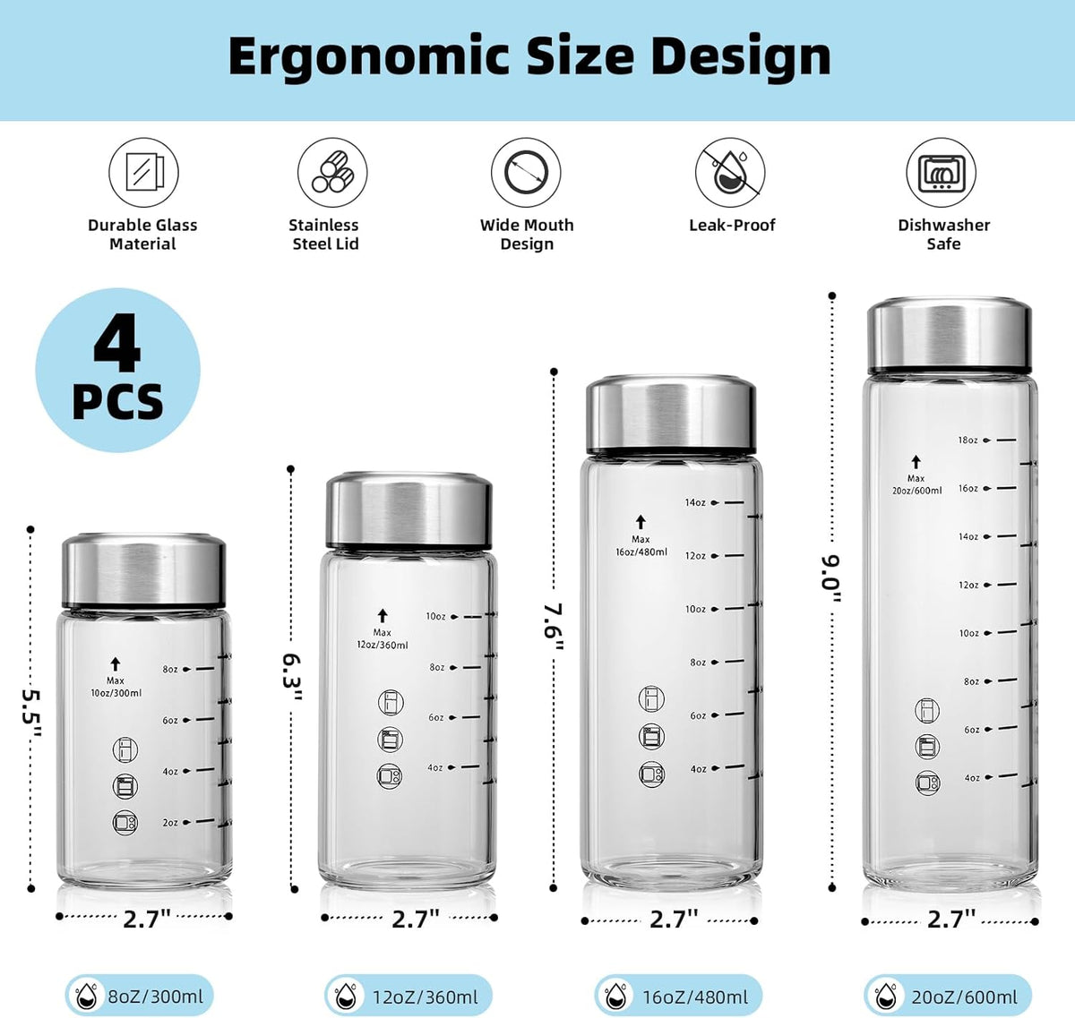 Glass Juice Bottles 4 Pack 10 oz - Wide Mouth Glass Water Bottles with Lids - Borosilicate,Stainless Steel Lids for Juicing, Smoothies, Infused Water, Beverage Storage, Leakproof, Reusable,BPA Free
