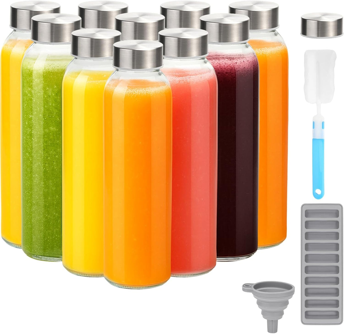 Zukro Glass Water Bottles with Lids 18 oz, 10 Pack Reusable Juice Bottles With Stainless Steel Airtight Cap for Juicing, Leak Proof Clear Drinking Jar Beverage storage container for Fridge, BPA Free