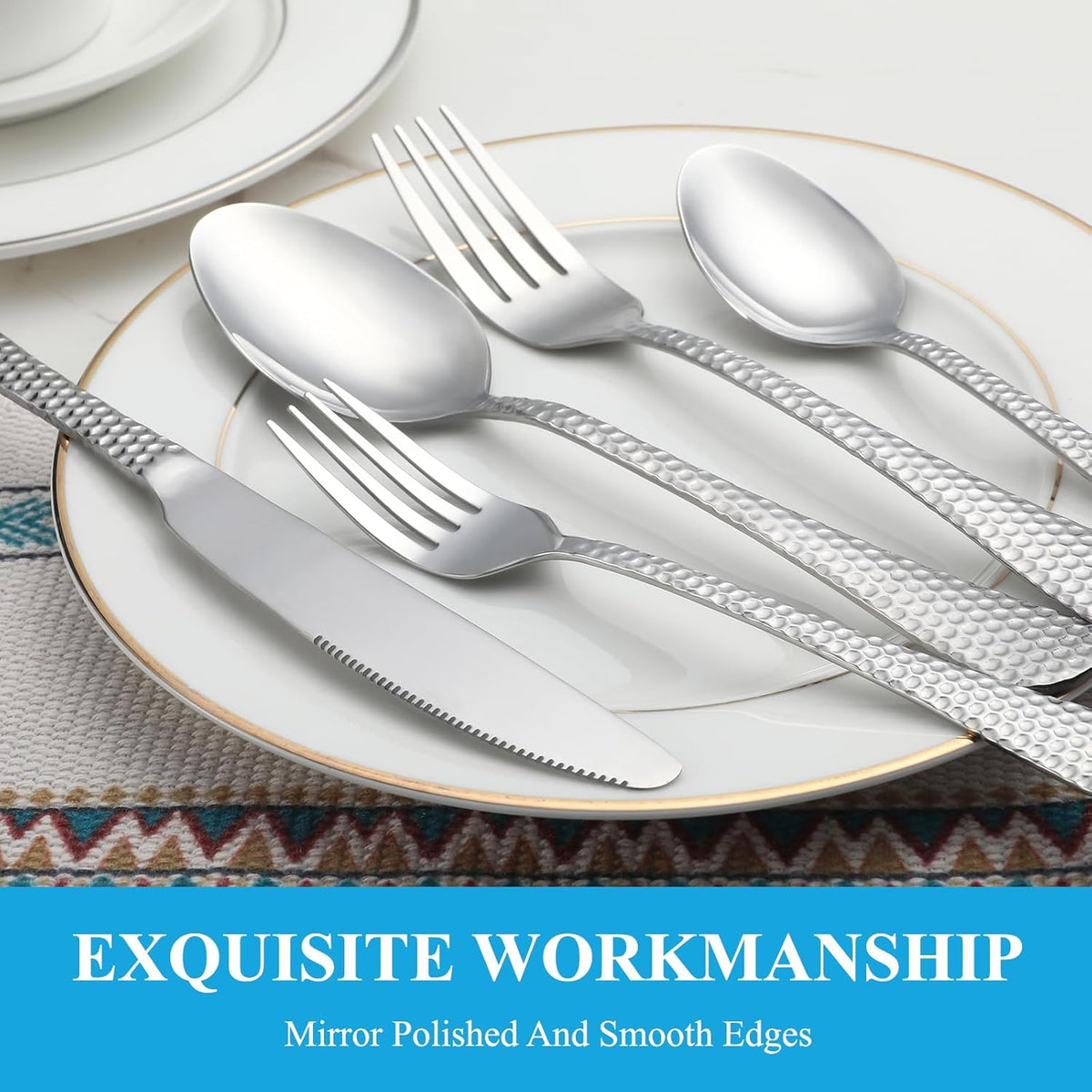 30 Pcs Hammered Silverware Set Service for 6,Stainless Steel Flatware Set,Mirror Polished Cutlery Utensil Set,Durable Home Kitchen Eating Tableware Set,Include Fork Knife Spoon Set,Dishwasher Safe